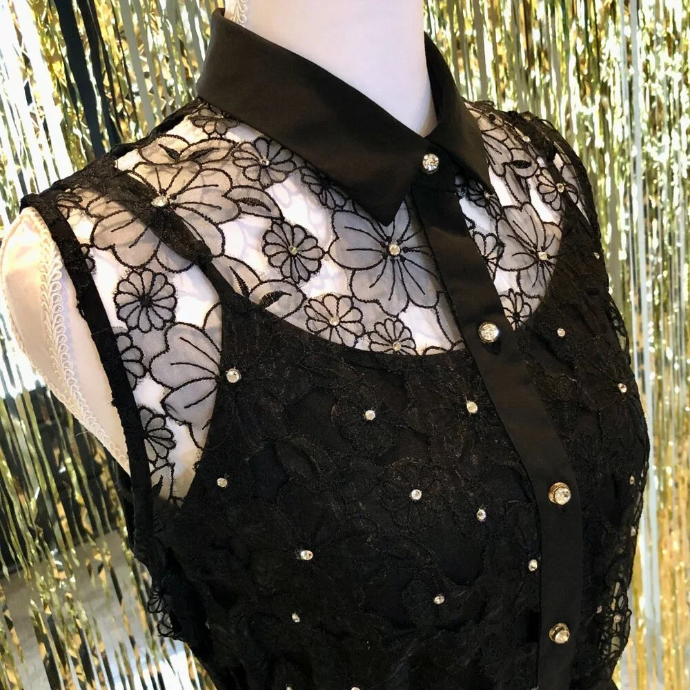 Black Dress Rhinestone Embellishment Embroidered Lace Size M Forever 21 Evening - Picture 6 of 16
